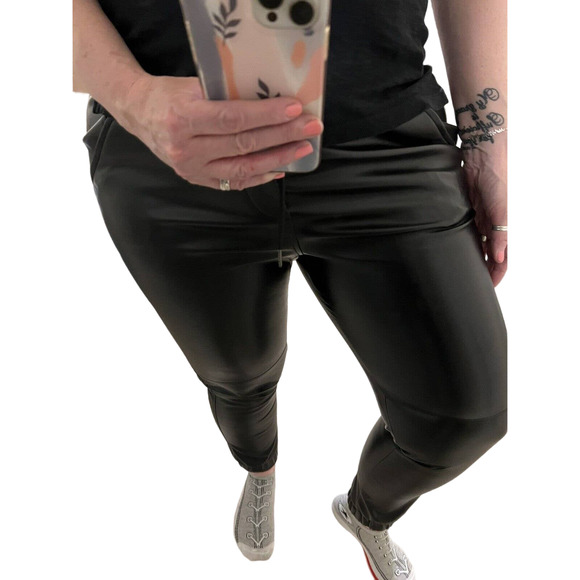 BB Dakota Women's Black Faux Leather Vegan Drawstring Jogger Pants - Size M - Picture 2 of 10